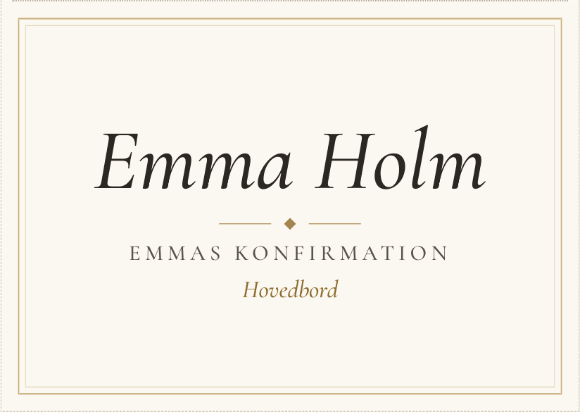 Et klassisk bordkort med navnet Emma Holm, Emmas konfirmation og Hovedbord