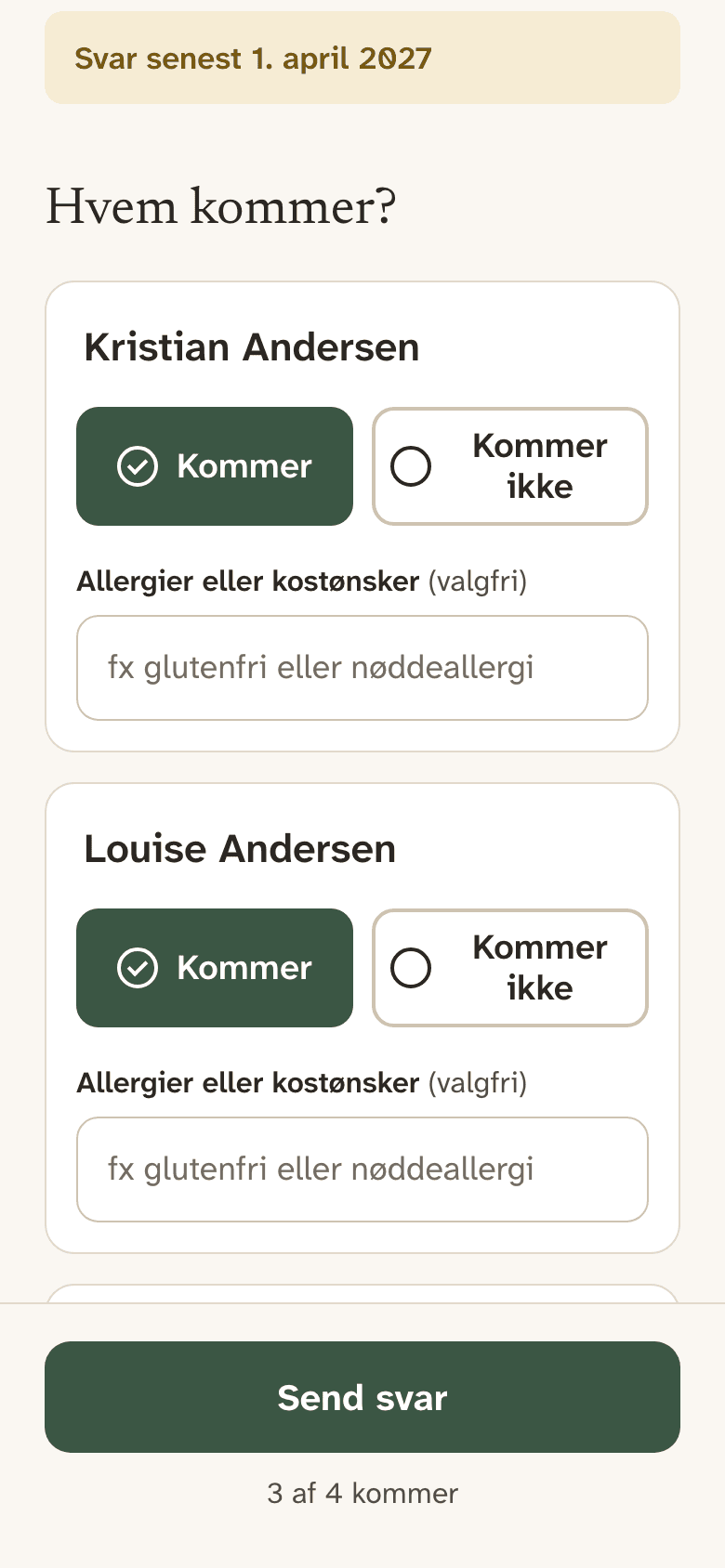 Svarsiden på en telefon, hvor familien Andersen melder til og skriver allergier